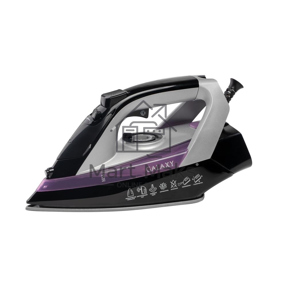 Утюг Galaxy Line GL 6128, фиолетовый с черным, паровой, 2200 Вт, постоянный пар 30 г/мин, паровой удар 140 г/мин, функции: самоочистка, антикапля, антинакипь, функция увлажнения, вертикальное отпаривание, защита от перегрева, индикатор нагрева, керамическ