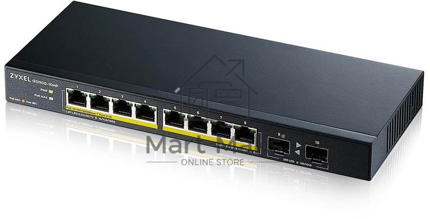 Коммутатор PoE+ Zyxel GS1100-10HP, 8xGE PoE+, 2xSFP, настольный, бесшумный, бюджет PoE 130 Вт