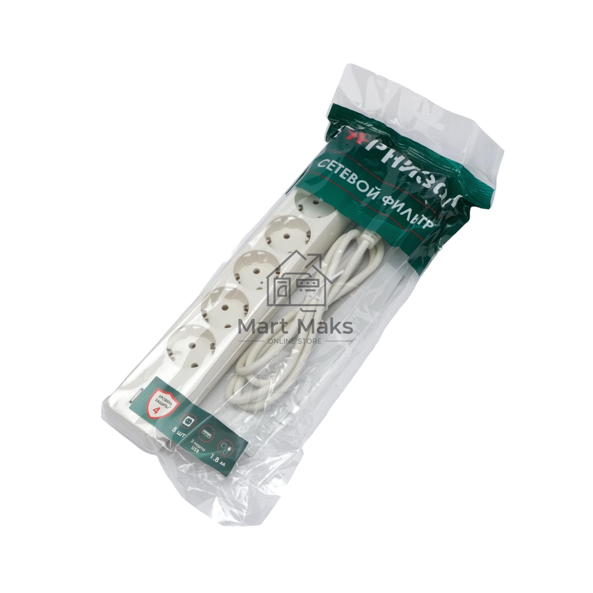 Сетевой фильтр Гарнизон 5р, 10А, 2xUSB, 1.8м, ур.защиты 4, белый, пакет