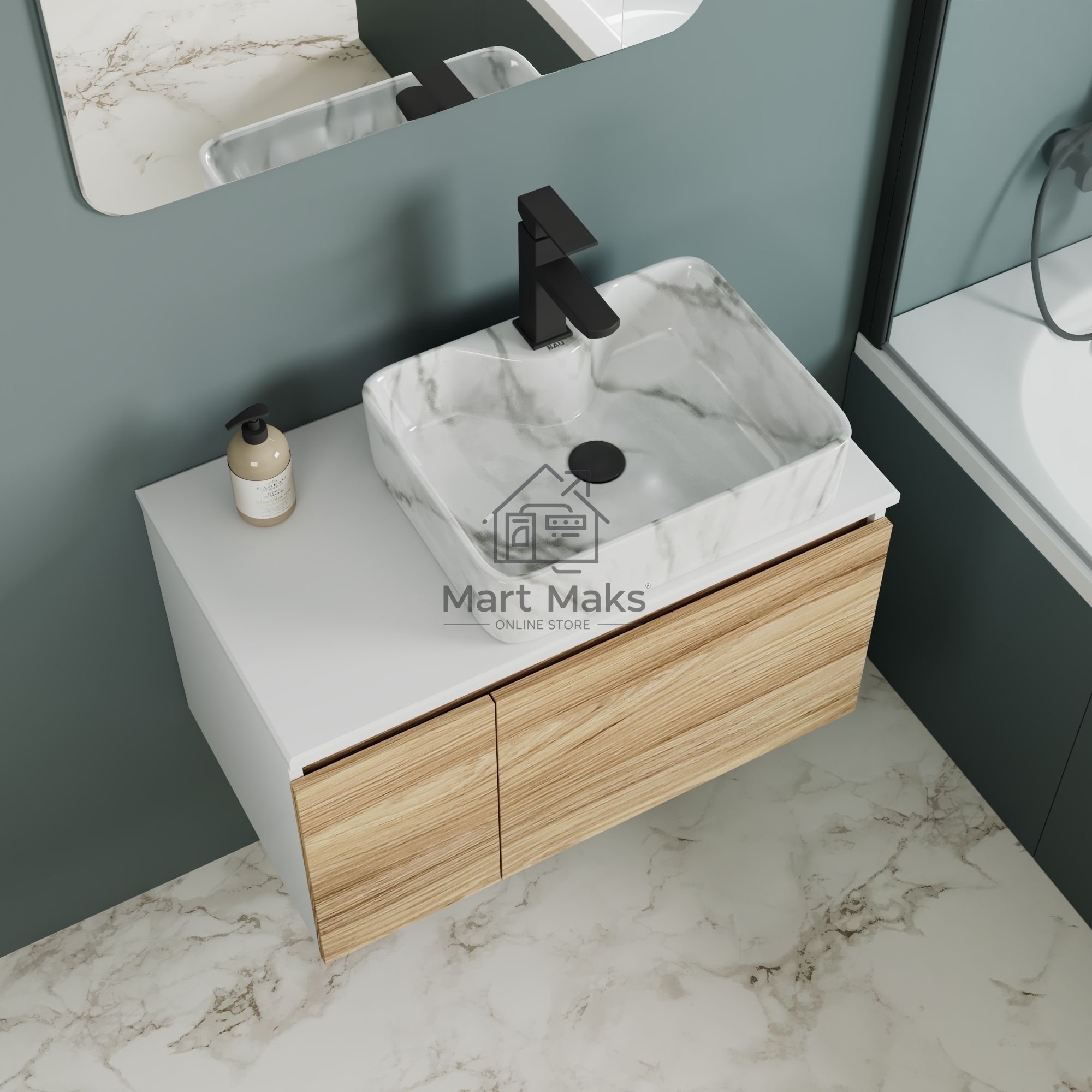 Комплект: тумба Bau Dream Blackwood 80, раковина прямоугольная BAU Cerama 48х37, мрамор, смеситель Hotel Black, черный матовый, выпуск клик клак черный