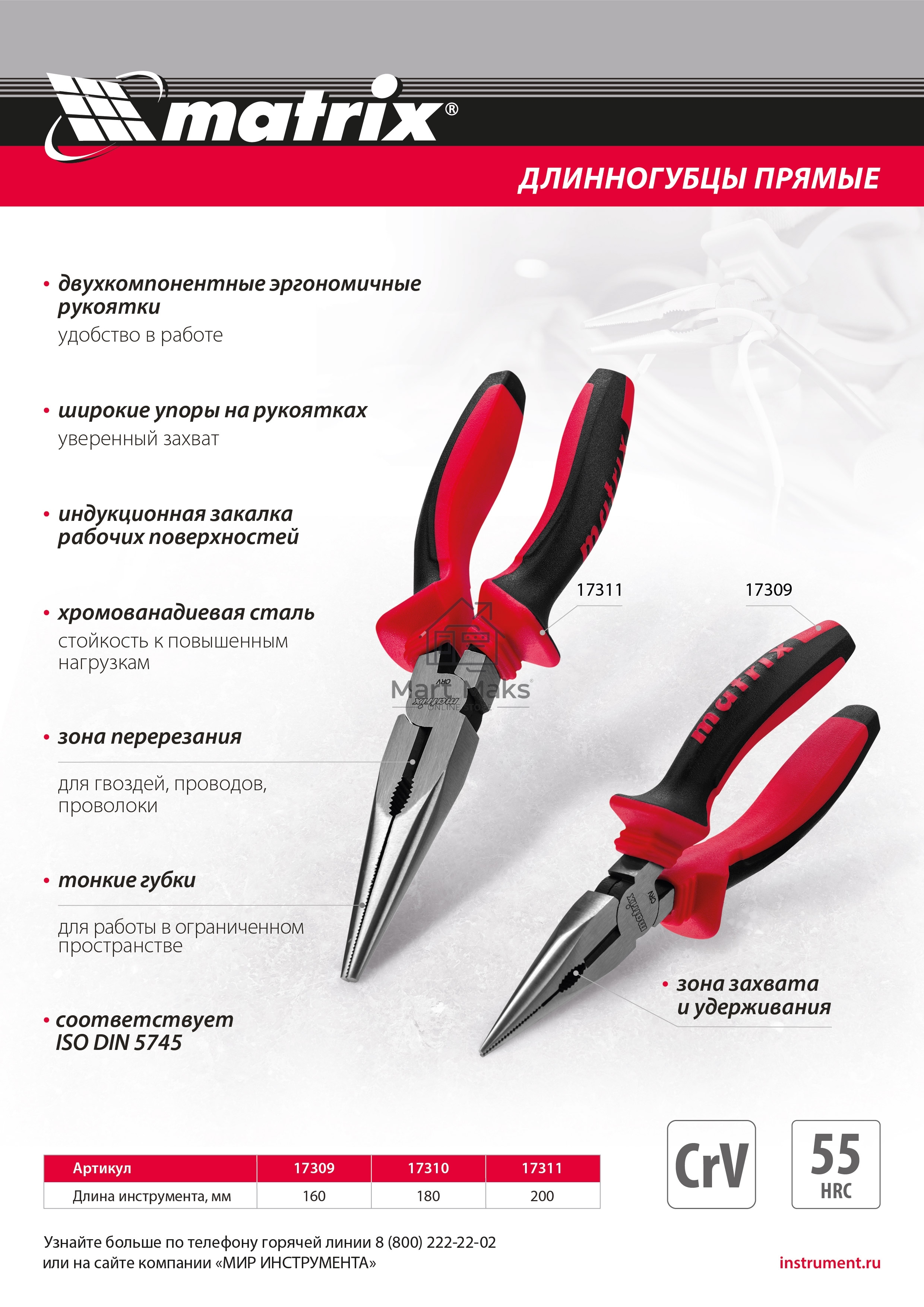 Длинногубцы прямые, 180 мм, хром-ванадий, двухкомпонентные рукоятки Matrix