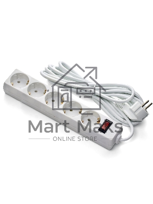 Удлинитель ExeGate EC-5-5W (EX279359RUS), белый, 5 м, евровилка с заземлением, 5 евророзеток с заземлением, 2200 Вт