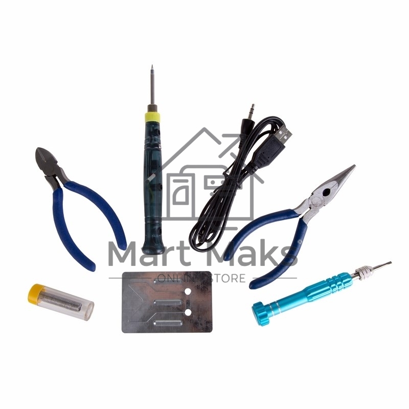 Набор для пайки Rexant (USB паяльник 8 Вт, кусачки, тонкогубцы, подставка, припой, отвертка)