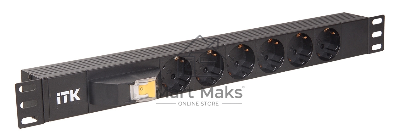 Блок ITK PDU 6 розеток DIN49440 (нем. cтанд.), с автоматом на 10А,1U, без шнура, вх. IEC320 C14, алюминиевый профиль, черный