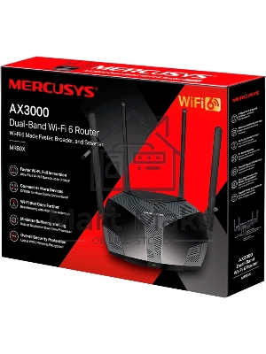 Двухдиапазонный роутер MERCUSYS AX3000 Wi-Fi 6, до 574 Мбит/с на 2,4 ГГц + до 2402 Мбит/с на 5 ГГц,4 фиксированные внешние антенны, 3 гигабитных порта LAN, 1 гигабитный порт WAN