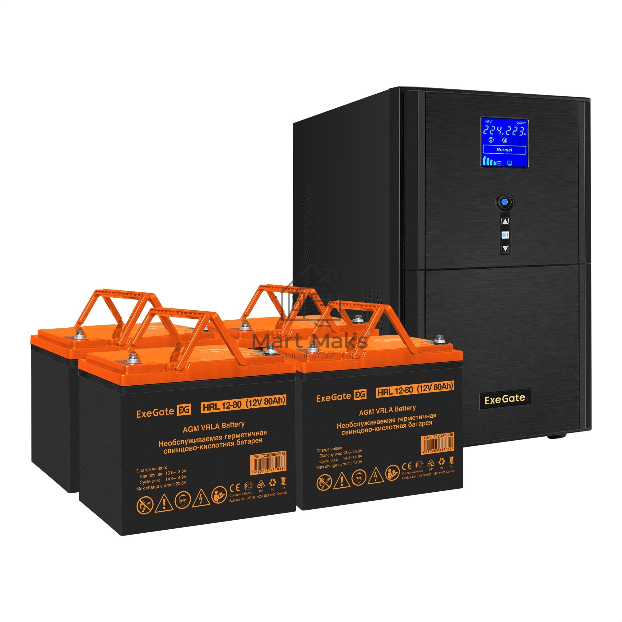 Комплект Источник бесперебойного питания EX295991RUS + батарея 80Aч EX285654RUS 4шт (инвертор, синус, для котла) ExeGate SineTower SZ-5000.LCD.AVR.2SH.1C13.T.RJ.USB <5000VA/4000W, чистый синусоида, LCD дисплей, AVR, 2*Schuko+1*C13+клеммы, RJ45/11, USB, ли