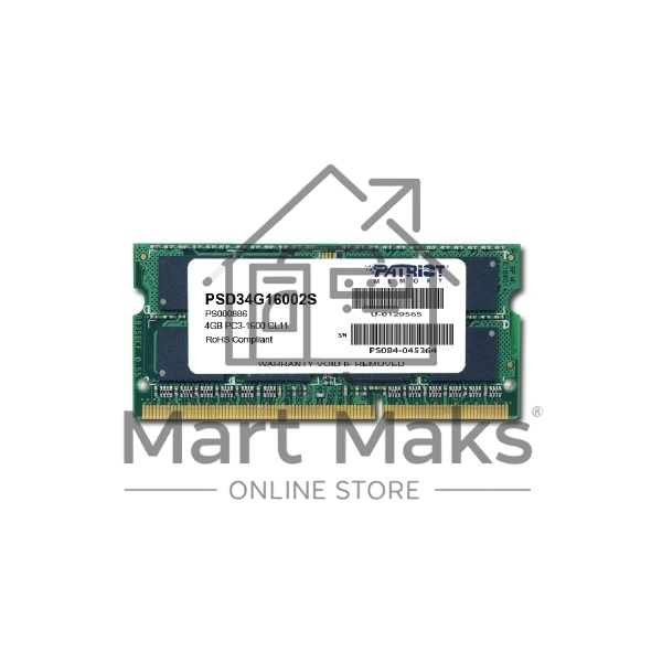 Оперативная память Patriot, DDR3, 4GB (1x4 GB), 1600 MHz, CL11, SO-DIMM