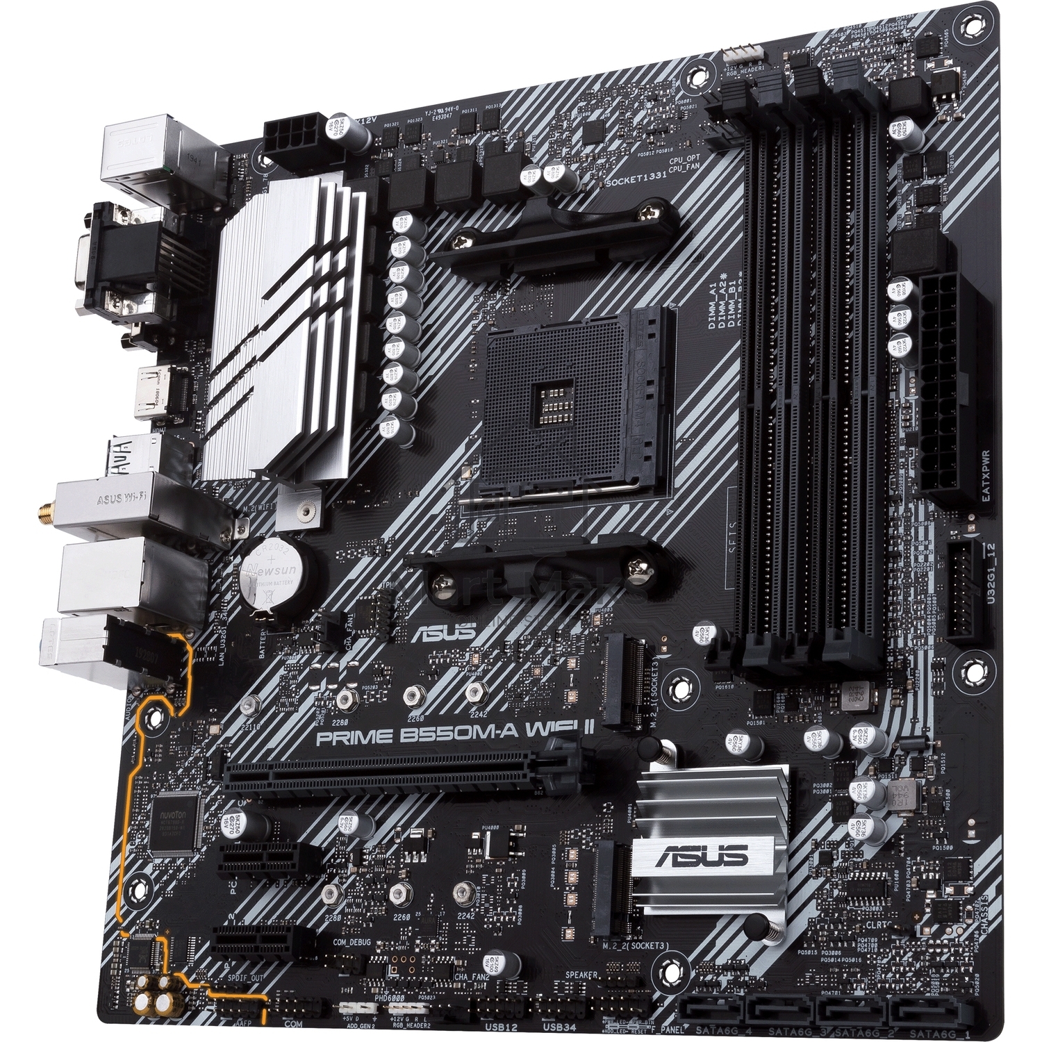 Материнская плата ASUS PRIME B550M-A WIFI II, AM4, AMD B550, 4xDDR4, 4xSATA, 2xM.2, 1xPCI-E 4.0 x16, 2xPCI-E x1, 1xDVI-D, 1xHDMI, 1xVGA, 1x 1Gb LAN, 2xUSB-A 3.2 Gen 2, 4xUSB-A 3.2 Gen 1, 3x3.5 мм, 7.1, Micro-ATX