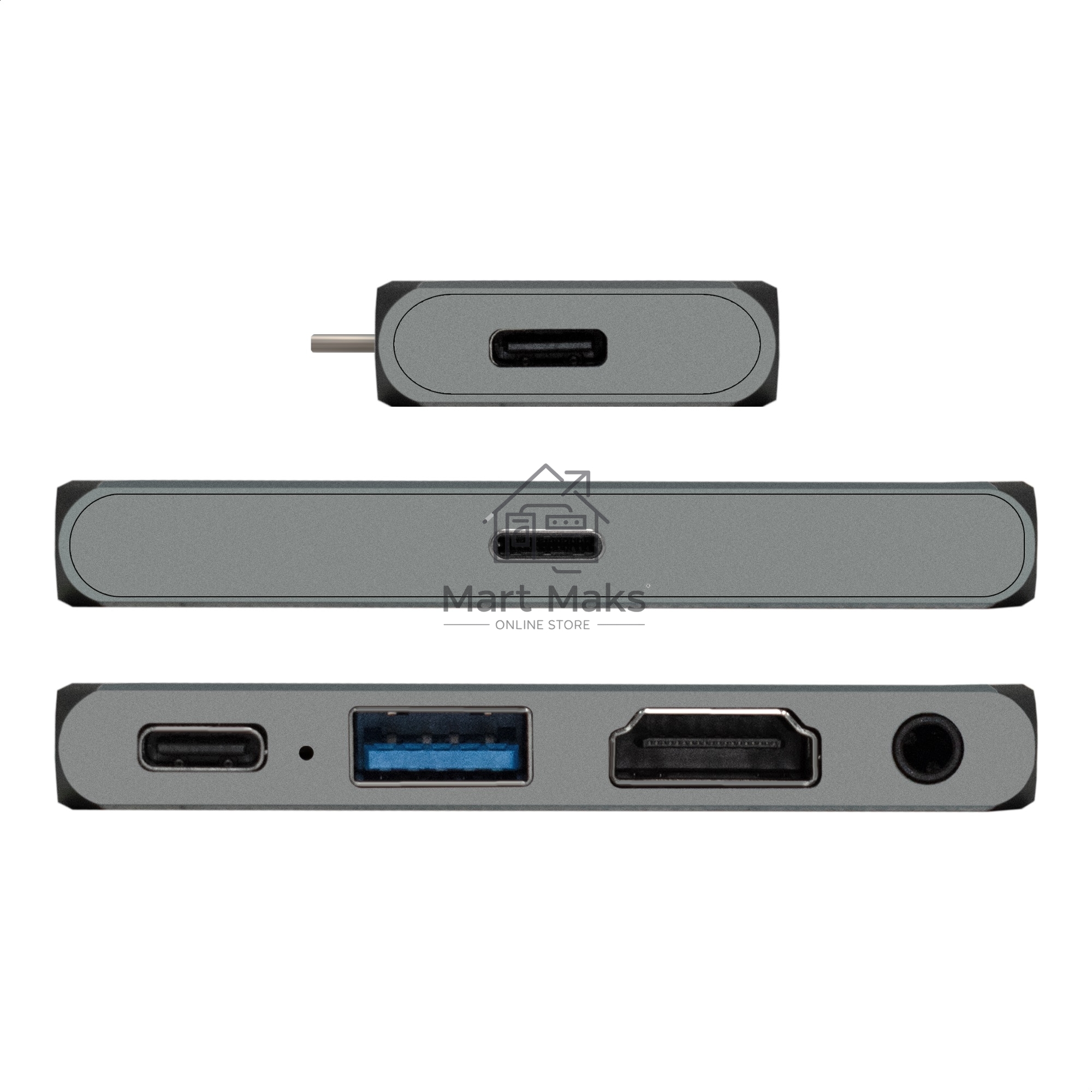 Док-станция 5-в-1 ExeGate DUB-31C/PD/HA (кабель-адаптер USB Type-C --> 1xUSB3.0 + Type-C DATA (480MB/s) + PD 100W + HDMI 4K@30Hz + Audio, Plug&Play, подходит для iPad Pro и мобильных телефонов, серый)
