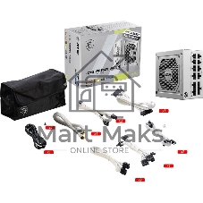Блок питания MSI MAG A850GL PCIE5, 850Вт, 80+ Gold, 120мм, модульный, белый
