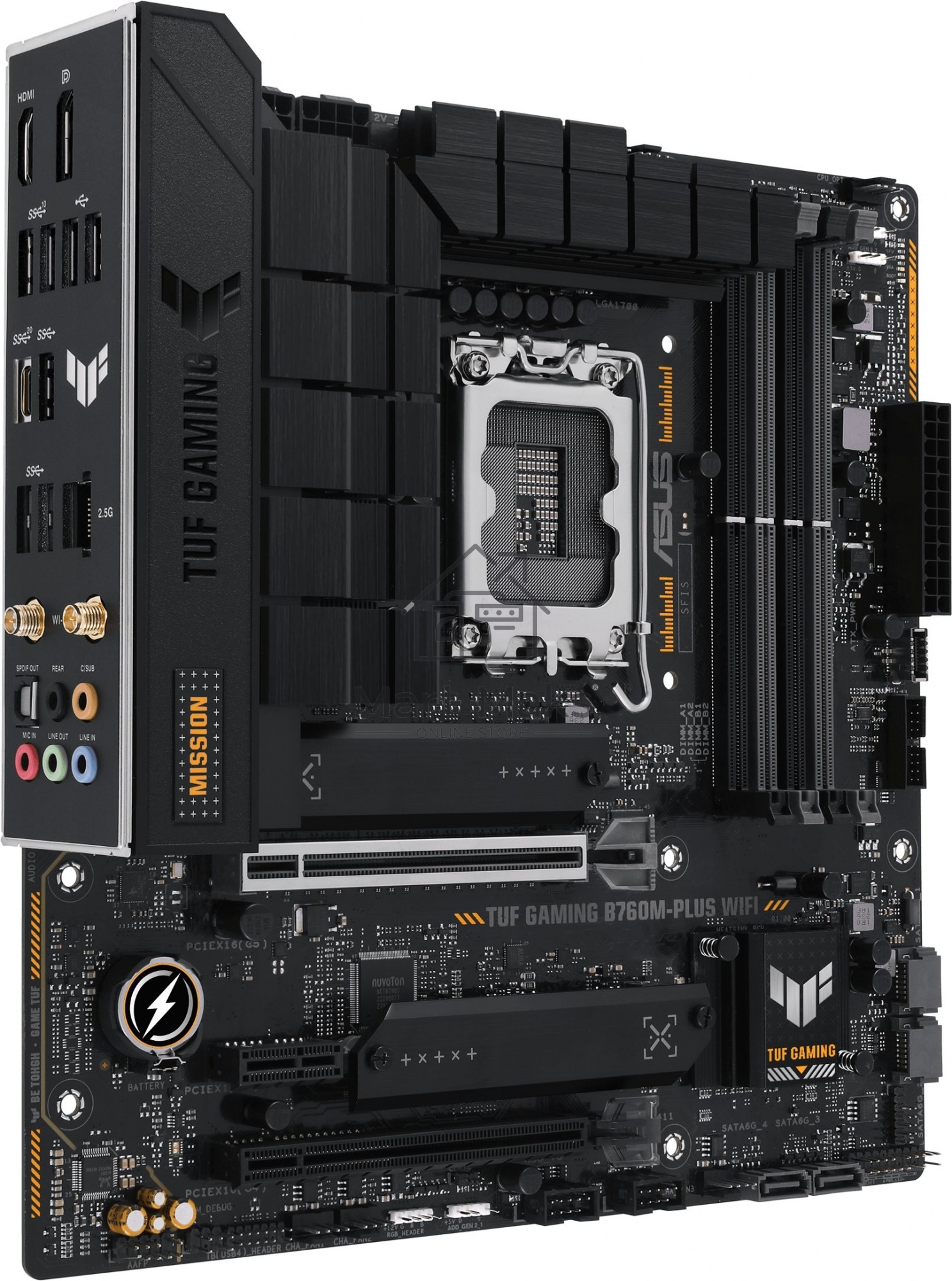 Материнская плата ASUS TUF GAMING B760M-PLUS WIFI, LGA 1700, Intel B760, 4xDDR5, 4xSATA, 2xM.2, 1xPCI-E 5.0 x16, 1xPCI-E 4.0 x4, 3xUSB-A 3.2 Gen 1, 2xUSB-A 3.2 Gen 2, 2xUSB 2.0, 1xUSB-C 3.2 Gen 2x2, 1x2.5Gb LAN, 5x3.5 мм, 7.1, Wi-Fi 6, Bluetooth 5.2, Micr