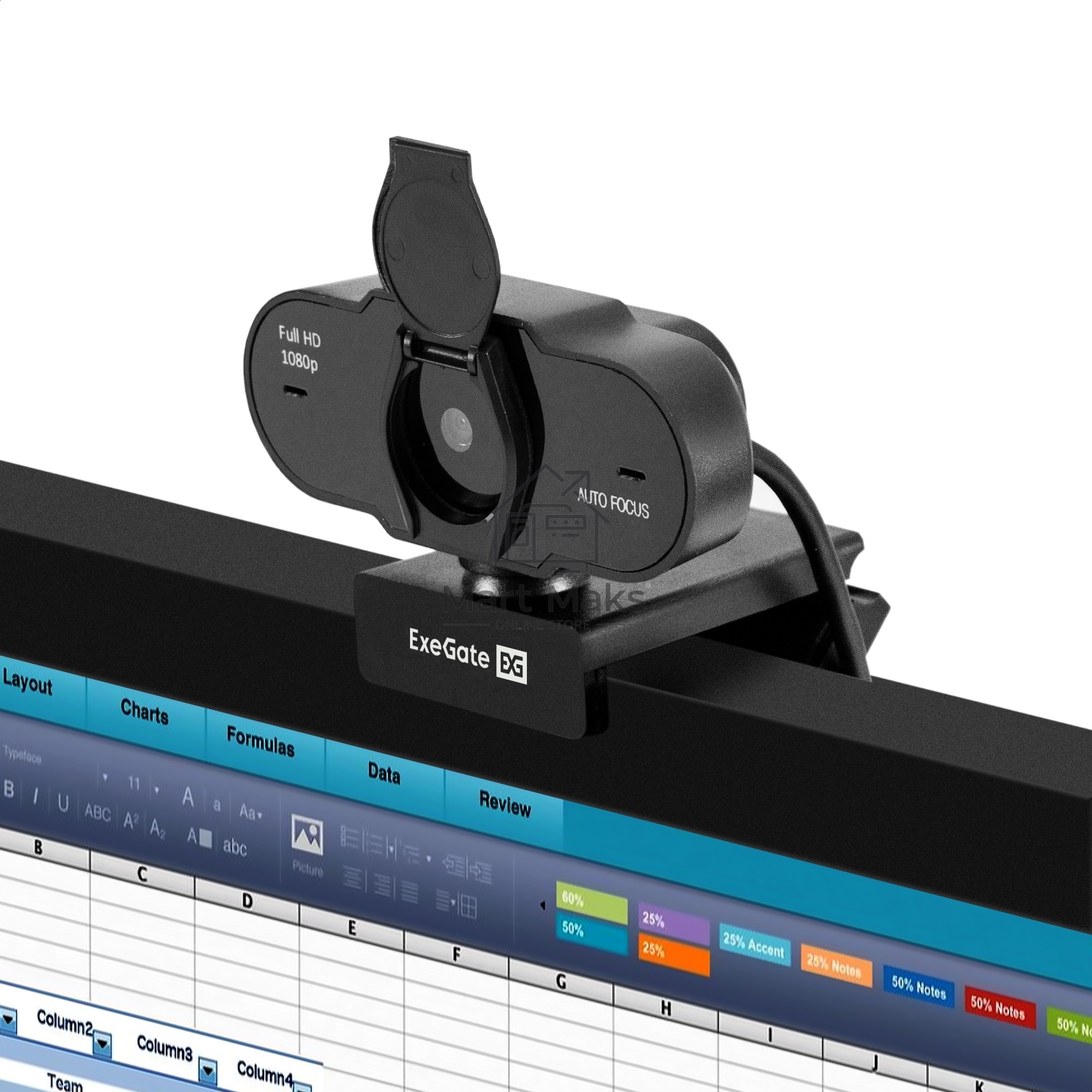 Веб-камера ExeGate BlackView C931 Full HD AF (2Мп, 1920х1080, 1080P, 30fps, автоматический фокус, защитная шторка, 4-линзовый объектив, микрофон с шумоподавлением, универсальное крепление, отверстие под штатив, USB, кабель 1,5 м, Windows 7/8/10/11, Mac OS