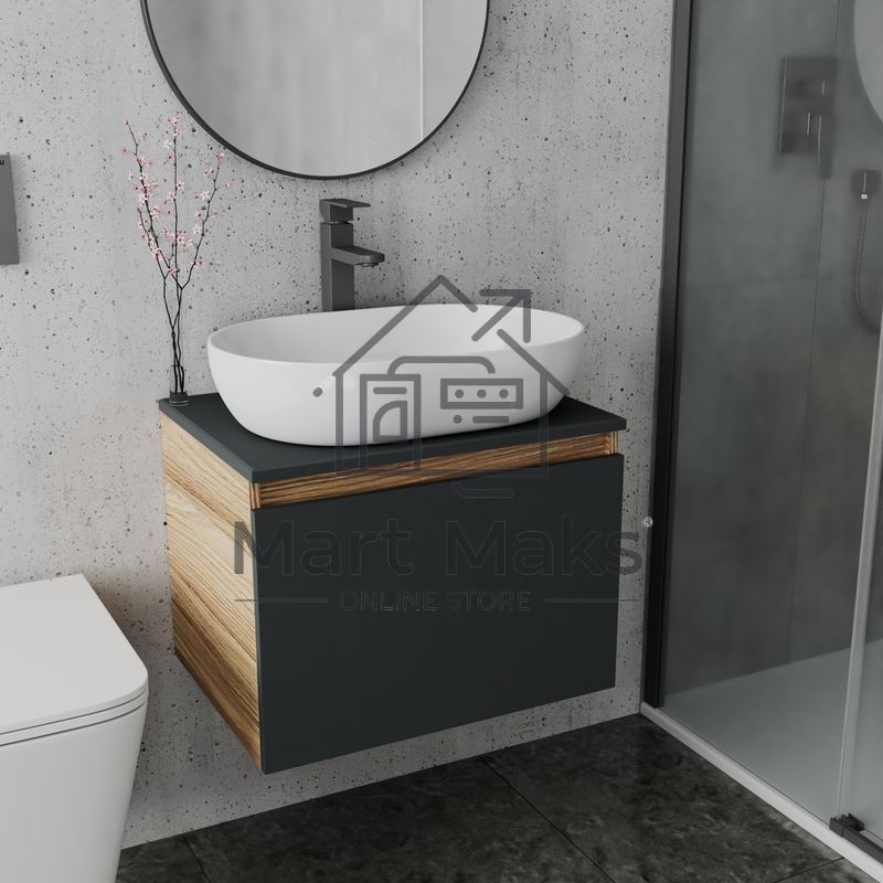 Комплект для ванной, 3 предмета (Тумба подвесная Bau Blackwood 60 графит + Раковина BAU 59х40, Смеситель высокий Hotel Black, черный)