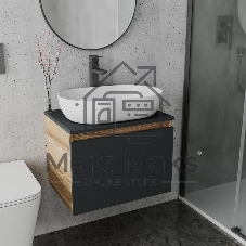 Комплект для ванной, 3 предмета (Тумба подвесная Bau Blackwood 60 графит + Раковина BAU 59х40, Смеситель высокий Hotel Black, черный)