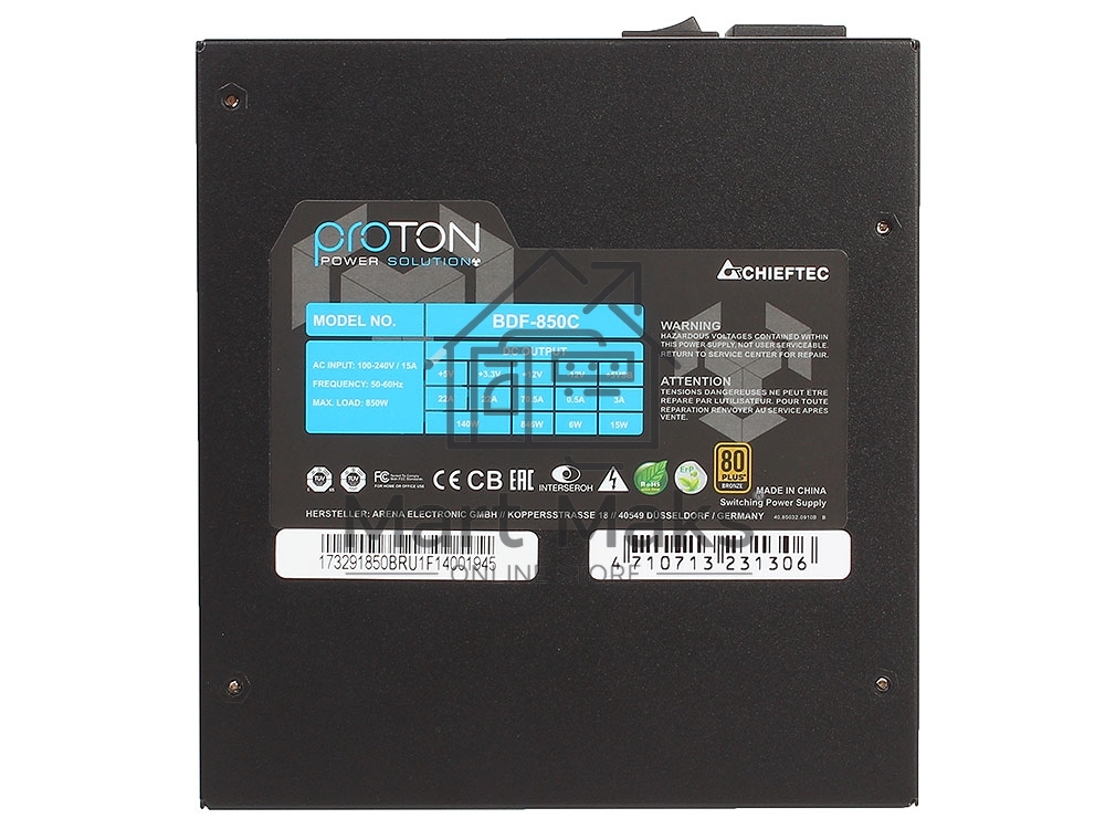 Блок питания Chieftec Proton BDF-850C, 850Вт, 80 PLUS Bronze, 140мм, модульный, черный