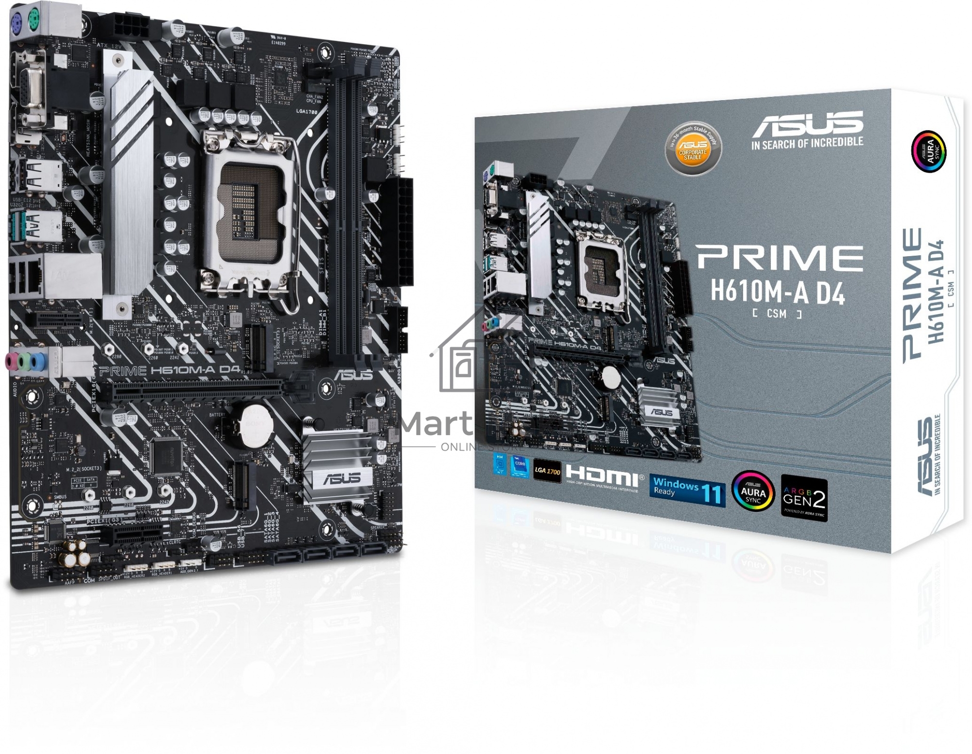 Материнская плата ASUS PRIME H610M-A D4-CSM, LGA 1700, Intel H610, 2xDDR4, 4xSATA, 2xM.2, 1xPCIe 4.0 x16, 1xPCIe x1, 1xDP, 1xD-Sub, 1xHDMI, 1x 1Gb LAN, 4xUSB-A 2.0, 2xUSB-A 3.2 Gen 1, 7.1, mATX