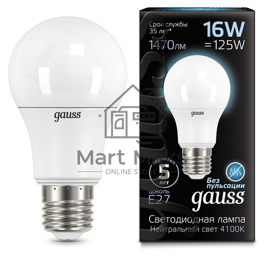 Лампа светодиодная Gauss A60 16Вт цок.:E27 груша 220B 4100K св.свеч.бел.нейт. (упак.:10шт) (102502216)