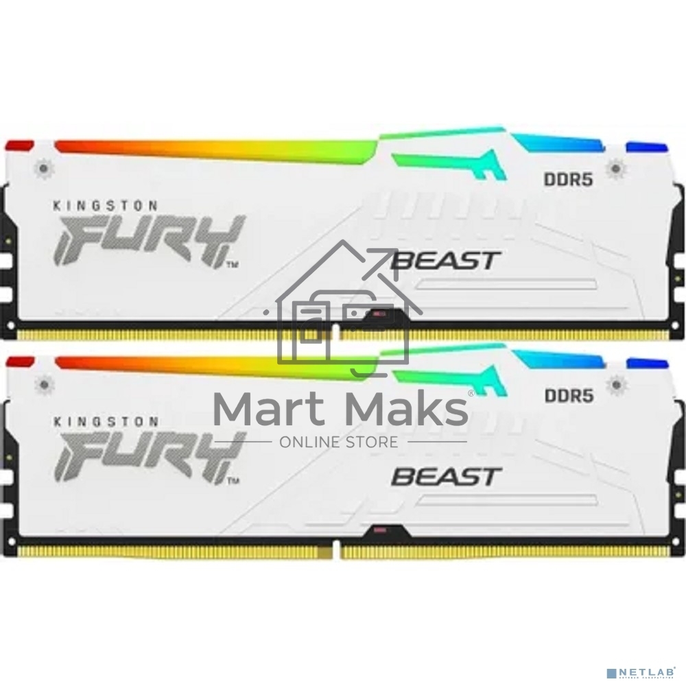 Оперативная память Kingston Fury Beast, DDR5, 64GB (2x32GB), 5600MHz, CL40, DIMM, с радиатором, RGB, белый