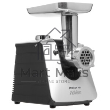 Мясорубка электрическая Polaris PMG 2561 черный, 2500 Вт, 2.7 кг/мин, реверс, защита от перегрузки, металлический лоток, насадки - 7