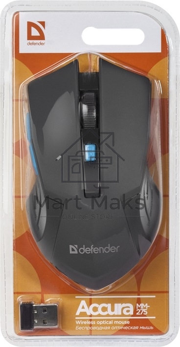 Мышь беспроводная Defender Accura MM-275 синий, 1600 dpi, радиоканал, USB, кнопки - 6