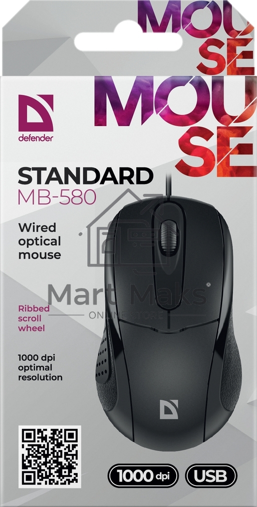 Мышь проводная Defender Standard MB-580 черный, 1000 dpi, USB, кнопки - 3