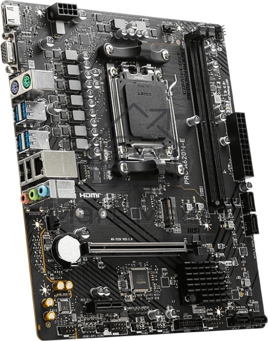 Материнская плата MSI PRO A620M-E, AM5, AMD A620, 2xDDR5, 4xSATA, 1xM.2, 1xPCI-E 4.0 x16, 1xPCI-E 4.0 x1, 1xHDMI, 1xVGA, 1x1Gb LAN, 2xUSB 2.0, 4xUSB 3.2 Gen 1, 3x3.5 мм, 7.1, Micro-ATX