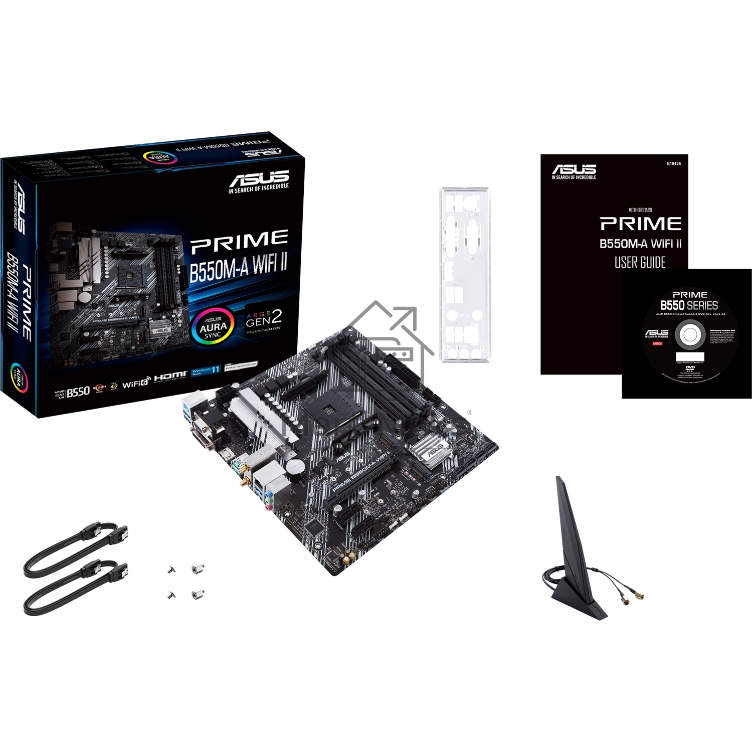 Материнская плата ASUS PRIME B550M-A WIFI II, AM4, AMD B550, 4xDDR4, 4xSATA, 2xM.2, 1xPCI-E 4.0 x16, 2xPCI-E x1, 1xDVI-D, 1xHDMI, 1xVGA, 1x 1Gb LAN, 2xUSB-A 3.2 Gen 2, 4xUSB-A 3.2 Gen 1, 3x3.5 мм, 7.1, Micro-ATX