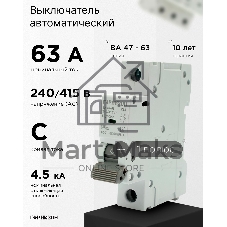 Автоматический выключатель Гарнизон CB-4763-1-63-4.5-C, ВА 47-63, 1P, 63А, 4.5kA (C)