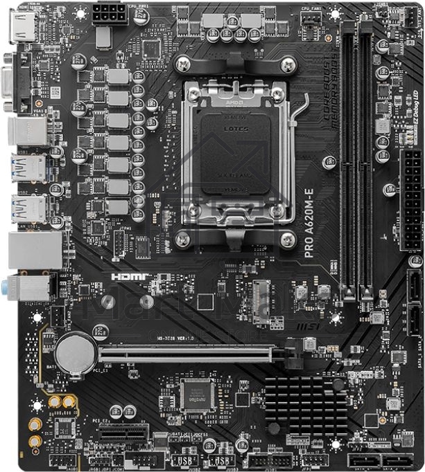 Материнская плата MSI PRO A620M-E, AM5, AMD A620, 2xDDR5, 4xSATA, 1xM.2, 1xPCI-E 4.0 x16, 1xPCI-E 4.0 x1, 1xHDMI, 1xVGA, 1x1Gb LAN, 2xUSB 2.0, 4xUSB 3.2 Gen 1, 3x3.5 мм, 7.1, Micro-ATX