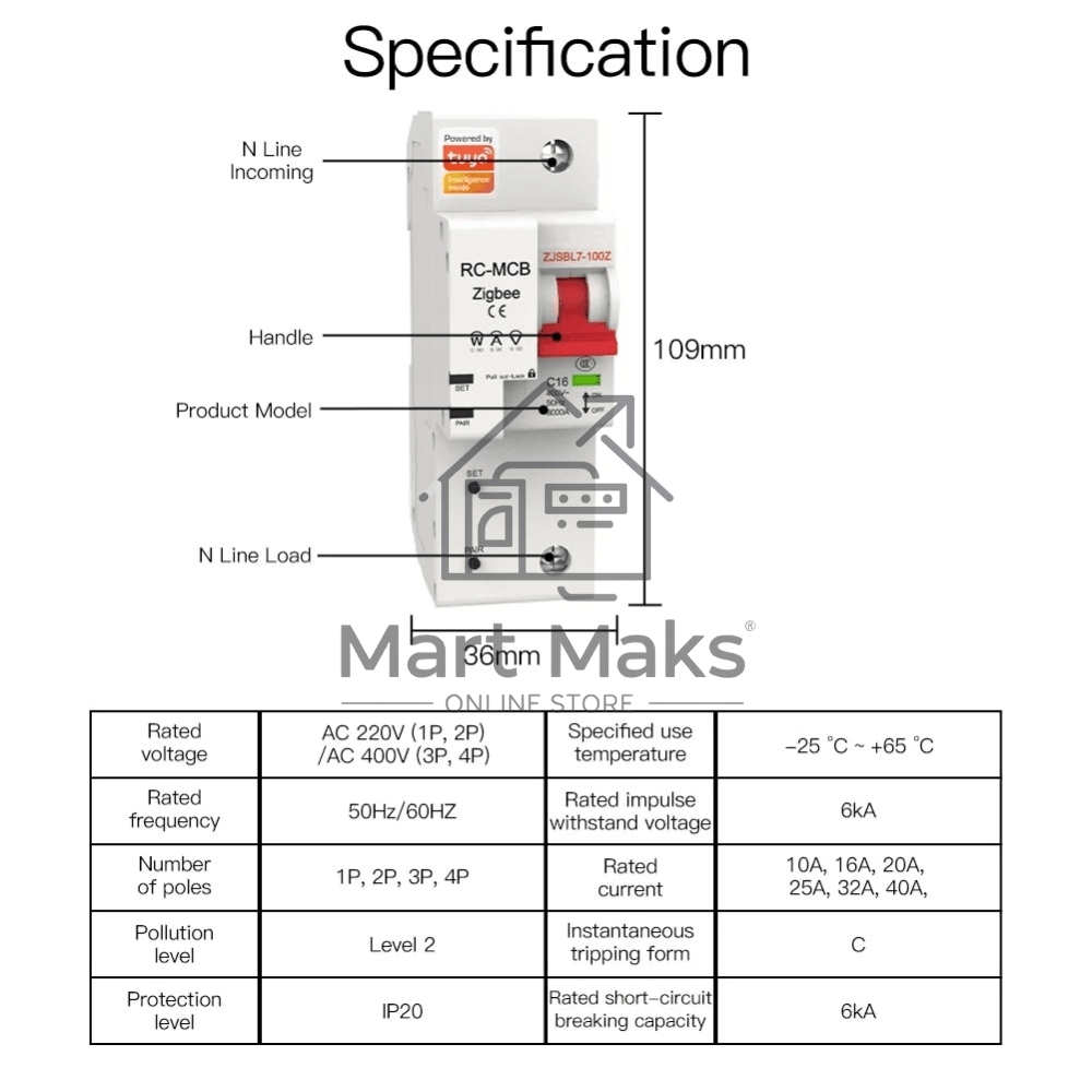 Выключатель MOES Zigbee circuit breaker 1P 10A ZCB-SC-1P10