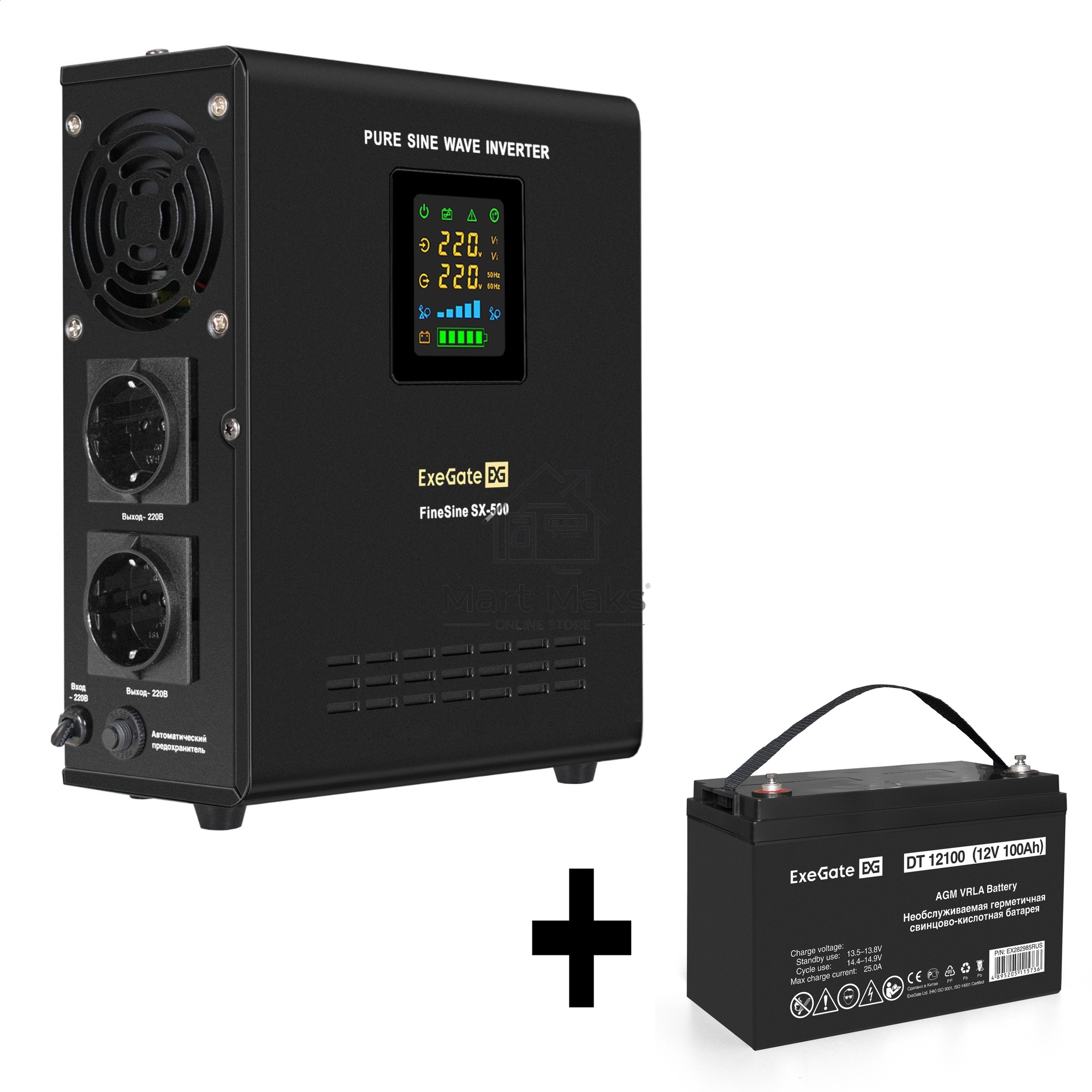 Комплект ИБП EX295995RUS + батарея 100Aч EX282985RUS 1шт (инвертор, синус, для котла, настенный) ExeGate FineSine SX-500.LCD.AVR.2SH <500VA/300W, чистая синусоида, цветной LCD-дисплей, AVR, 2*Schuko, линейно-интерактивный, крепление настенное/универсально