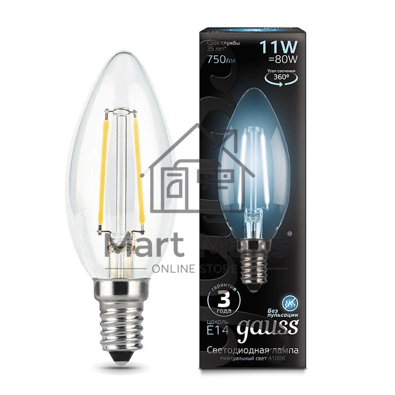 Лампа светодиодная филаментная Black Filament 11Вт свеча 4100К E14 Gauss 103801211