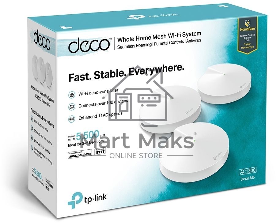 Маршрутизатор TP-Link TP-Link DECO M5(3-PACK) AC1300 Домашняя Wi-Fi система, чипсет Qualcomm, два диапазона (Dual-Band), поддержка стандартов 802.11ac/a/b/g/n, 717 МГц четырёхъядерный процессор, Bluetooth 4.2, 2 гигабитных порта Ethernet, 1 порт USB Type-