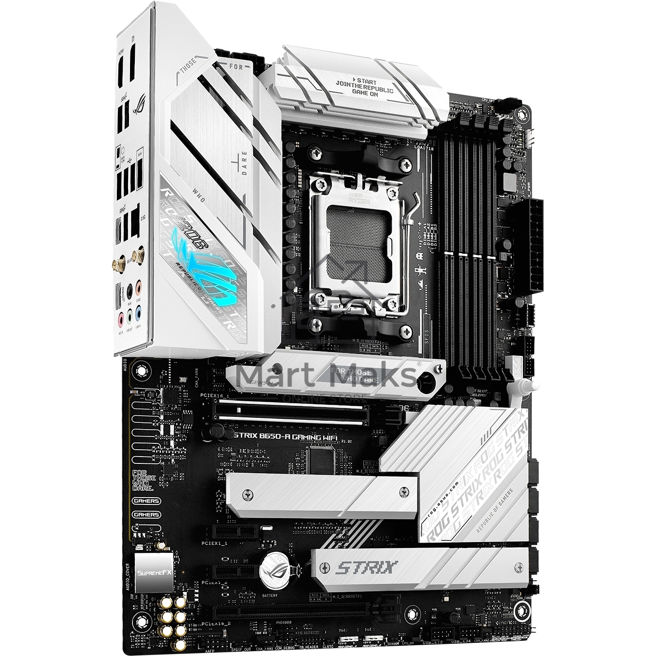 Материнская плата ASUS ROG STRIX B650-A GAMING WIFI, AM5, AMD B650, 4xDDR5, 4xSATA, 3xM.2, 1xPCIe 4.0 x16, 1xPCIe 4.0 x4, 1xHDMI, 1xDP, 1x 2.5Gb LAN, 3xUSB-A 3.2 Gen 2, 4xUSB 2.0, 5x3.5 мм, 7.1, Standard-ATX