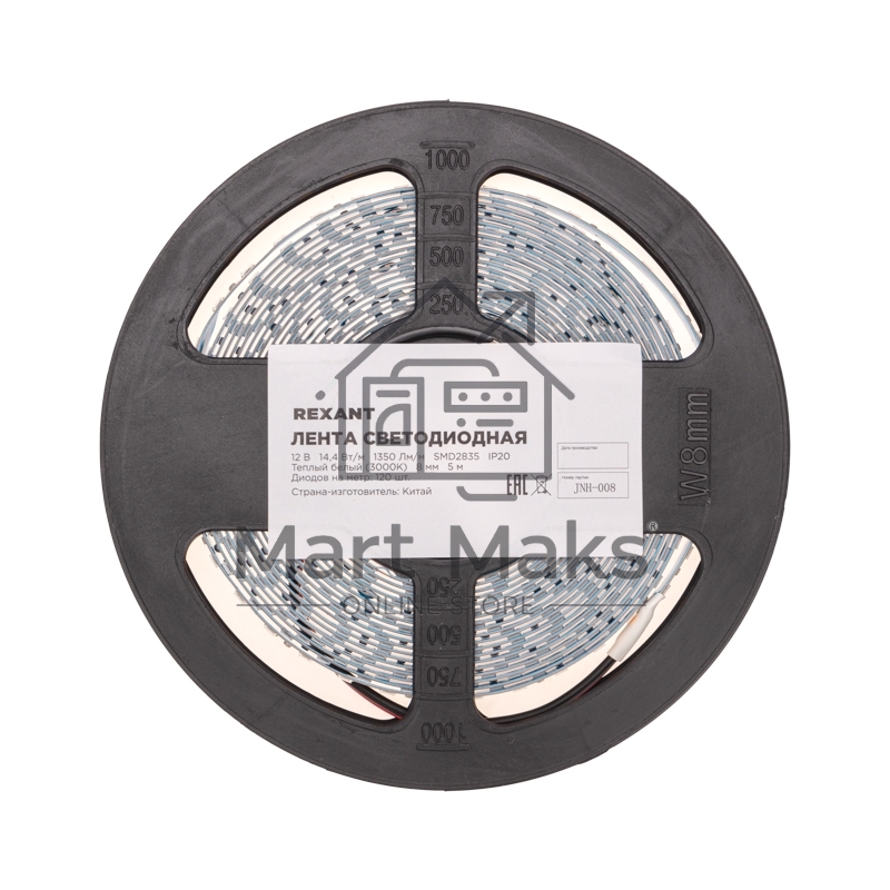 Лента светодиодная 12В, SMD2835, 14,4Вт/м, 120 LED/м, 3000K, 8мм, 5м, IP20 Rexant