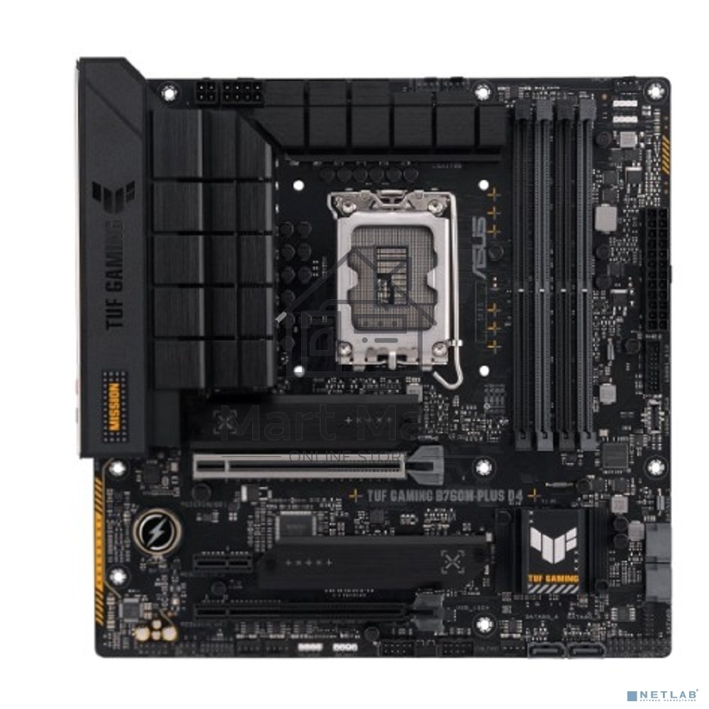 Материнская плата ASUS TUF GAMING B760M-PLUS D4, LGA1700, Intel B760, 4xDDR4, 4xSATA, 2xM.2, 1xPCIe 5.0 x16, 1xPCIe 4.0 x4, 1xPCIe 4.0 x1, 1xDP, 1xHDMI, 1x2.5Gb LAN, Wi-Fi, Bluetooth, 1xUSB-C 20Gbps, 4xUSB-A 10Gbps, 1xUSB-A 5Gbps, 2xUSB-A 2.0, 5x3.5 мм, 7