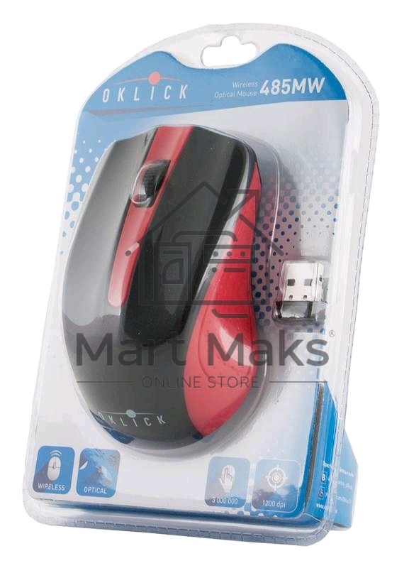 Мышь беспроводная Oklick 485MW черный/красный, 1200 dpi, радиоканал, USB, кнопки - 3