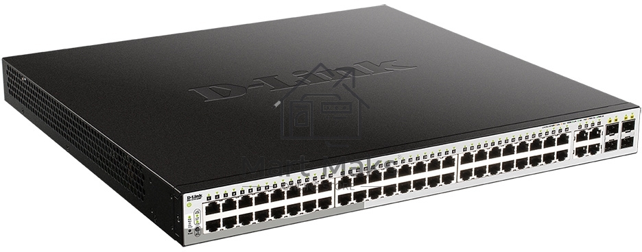Коммутатор D-Link DGS-1210-52MP/FL1A, L2 Managed Switch with 48 10/100/1000Base-T ports and 4 100/1000Base-T/SFP combo-ports (48 PoE ports 802.3af/802.3at (30 W), PoE Budget 370 W).16K Mac address, 802.3x Flow