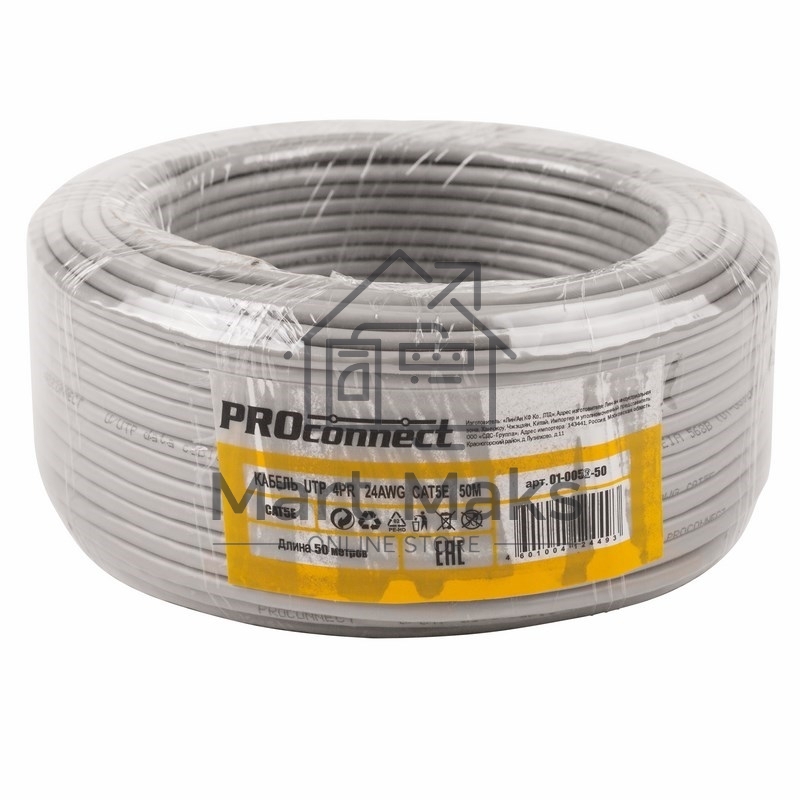 Кабель UTP PROconnect 4PR 24AWG, CU (медь), CAT5E, 100 МГц, PVC, серый, бухта 50 м