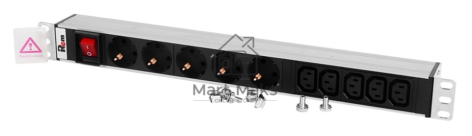 Блок розеток ЦМОRem-10 без шнура с выкл., 5 Schuko, 5 IEC 60320 C13, вход IEC 60320 C14, 10A, алюм., 19