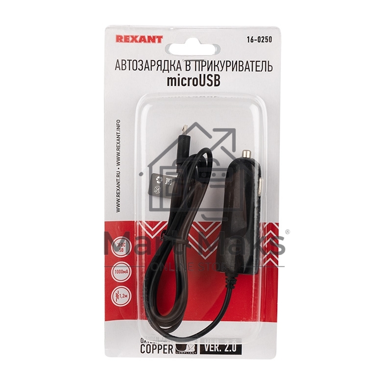 Автозарядка в прикуриватель microUSB (АЗУ) (5 V, 1000 mA) шнур спираль 1.2 м черный Rexant