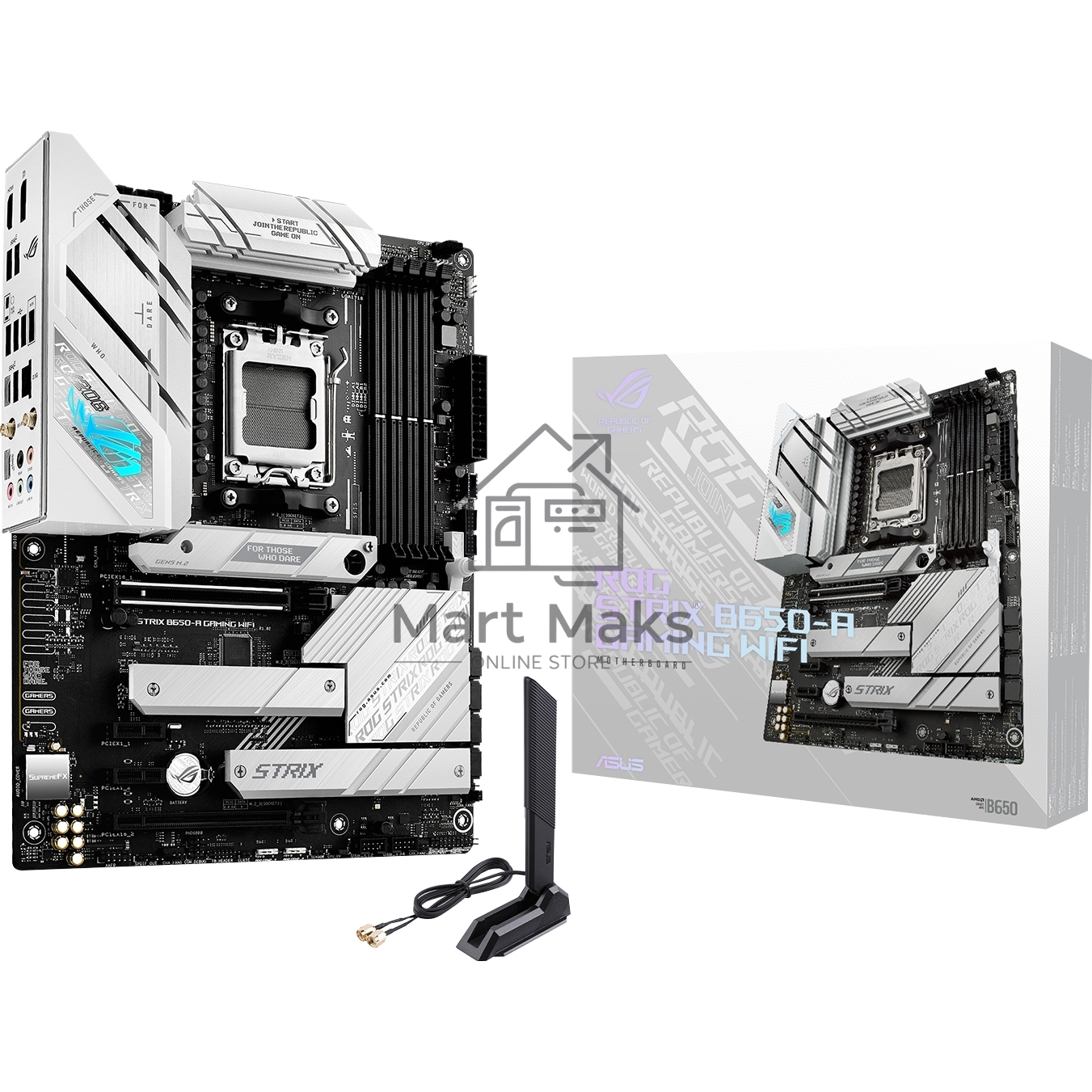 Материнская плата ASUS ROG STRIX B650-A GAMING WIFI, AM5, AMD B650, 4xDDR5, 4xSATA, 3xM.2, 1xPCIe 4.0 x16, 1xPCIe 4.0 x4, 1xHDMI, 1xDP, 1x 2.5Gb LAN, 3xUSB-A 3.2 Gen 2, 4xUSB 2.0, 5x3.5 мм, 7.1, Standard-ATX