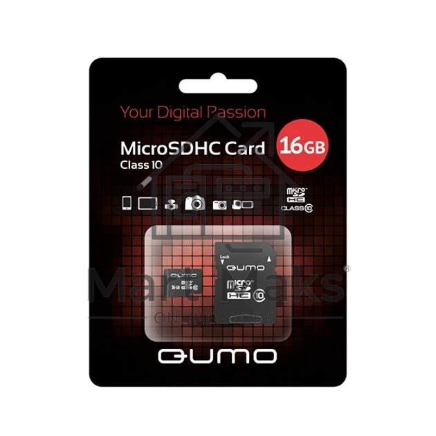 Флеш карта QUMO MicroSDHC 16GB Сlass 10 с адаптером SD, черно-красная картонная упаковка