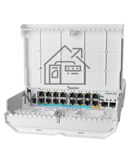 Коммутатор MikroTik netPower 15FR with 800MHz CPU, 256MB RAM, 16 x 10/100Mbps Ethernet ports (15 with Reverse POE-in, 1 with PoE-OUT), 2 x SFP, RouterOS L5 or SwitchOS (dual boot), outdoor enclosure, mounting ki