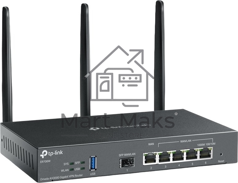 VPN-маршрутизатор TP-Link ER706W Omada с гигабитными портами и поддержкой Wi-Fi AX3000, 1 гиг. SFP WAN/LAN, 1 гиг. RJ45 WAN, 4 гиг. RJ45 WAN/LAN, USB 3.0, до 574 М/с на 2,4 ГГц + до 2402 М/с