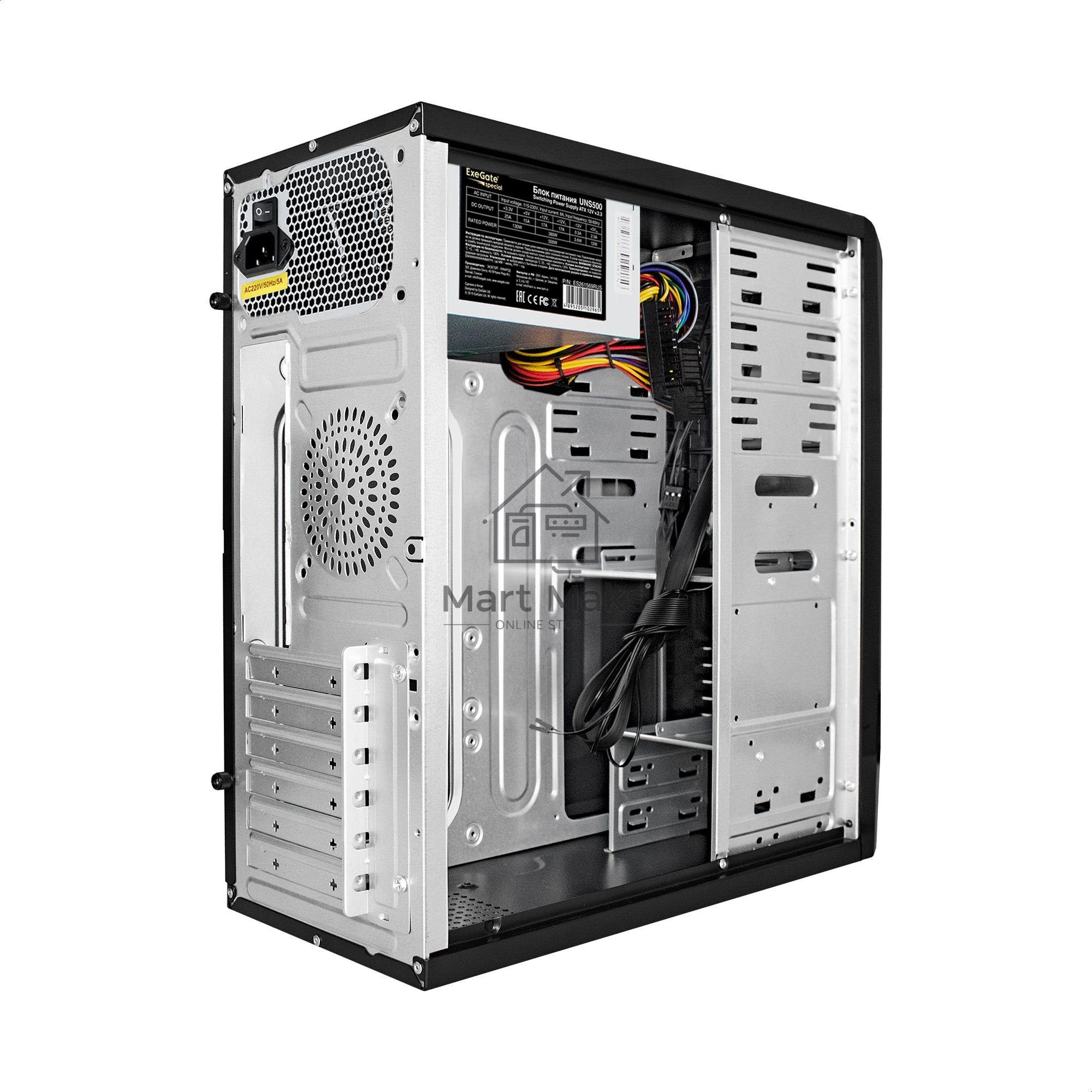 Компьютерный корпус Miditower ExeGate CP-603UB-UNS500 (ATX, БП UNS500 с вент. 12см, 2*USB, аудио, черный)