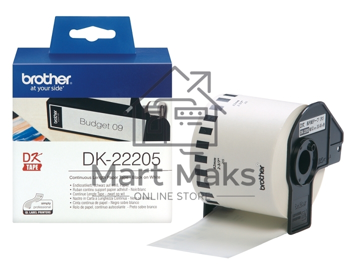 Бумажная клеящаяся лента Brother DK22205 62 мм x 30.48 м, черный шрифт, белый фон