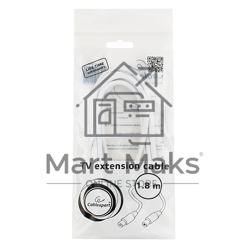 Кабель телевизионный Cablexpert CCV-515-W, Coaxial M/F, белый, 1.8м
