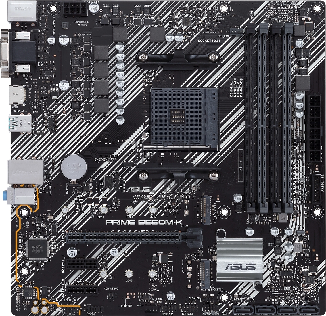 Материнская плата ASUS PRIME B550M-K, AM4, AMD B550, 4xDDR4, 4xSATA, 2xM.2, 1xPCIe 4.0 x16, 2xPCIe x1, 1xDVI-D, 1xHDMI, 1xVGA, 1x 1Gb LAN, 4xUSB 3.2 Gen 1, 2xUSB 3.2 Gen 2, 3x3.5 мм, 7.1, mATX