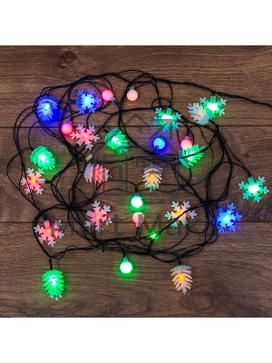 Гирлянда светодиодная Neon-night универсальная с насадками (шарики, снежинки, елочки) 30 LED МУЛЬТИКОЛОР, 4,4 метра с контроллером